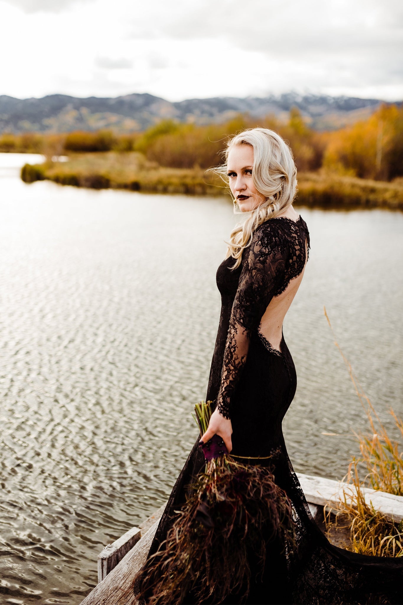Black Lace Wedding Dress | Verona in Chantilly lace | Deep Plunging Neckline