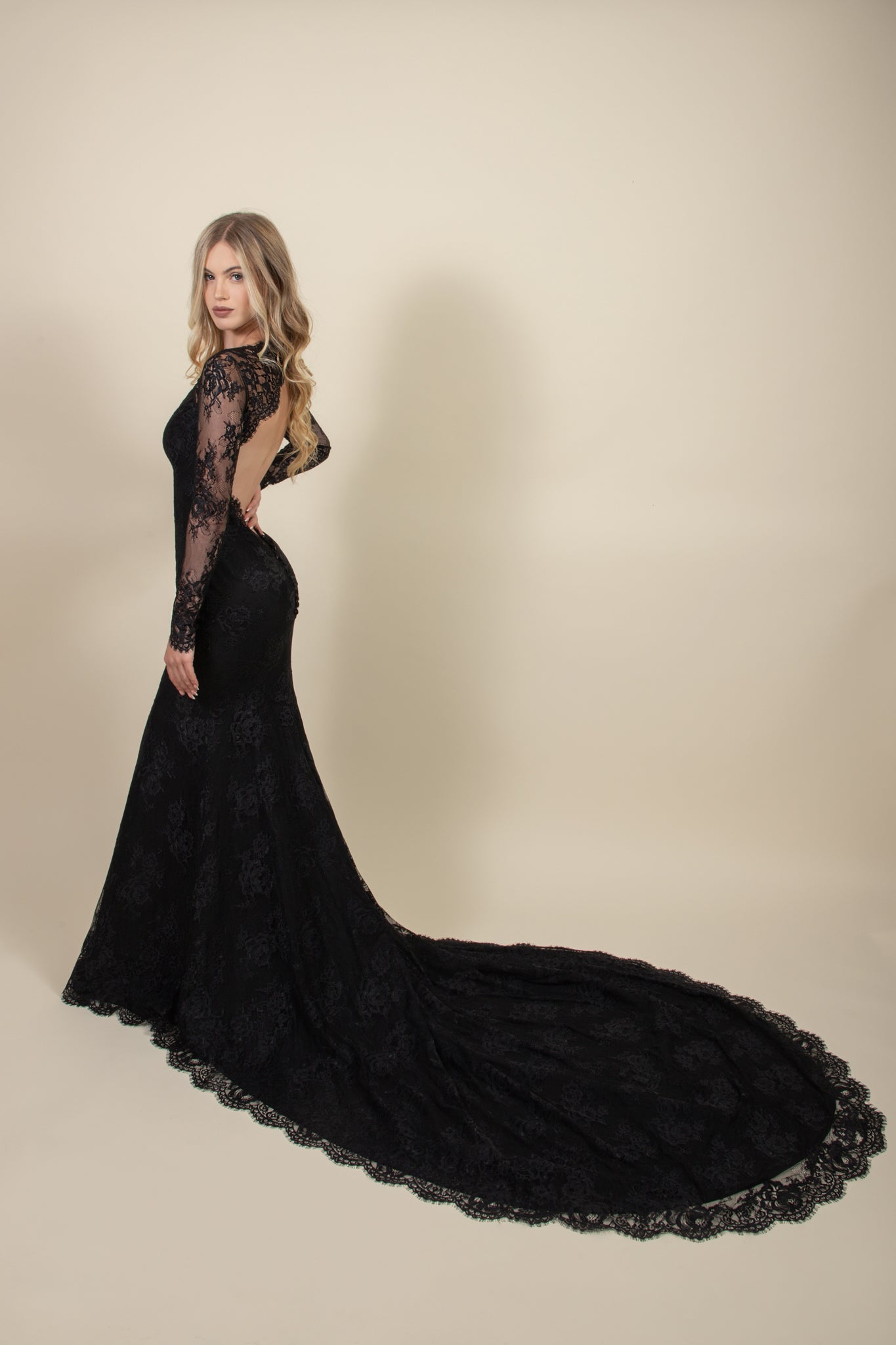 Black Lace Wedding Dress | Verona in Chantilly lace | Deep Plunging Neckline