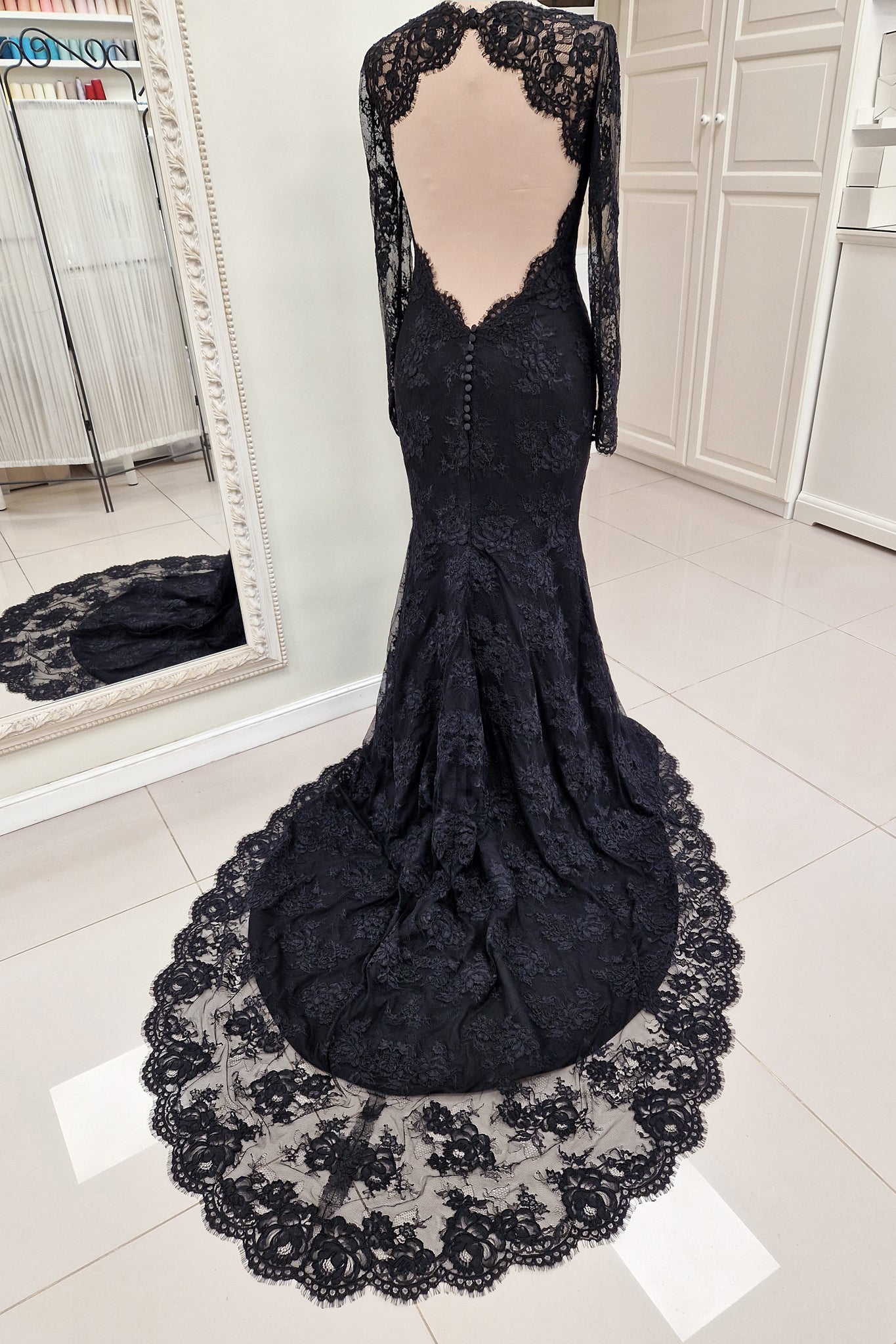 Black Lace Wedding Dress | Verona in Chantilly lace | Deep Plunging Neckline