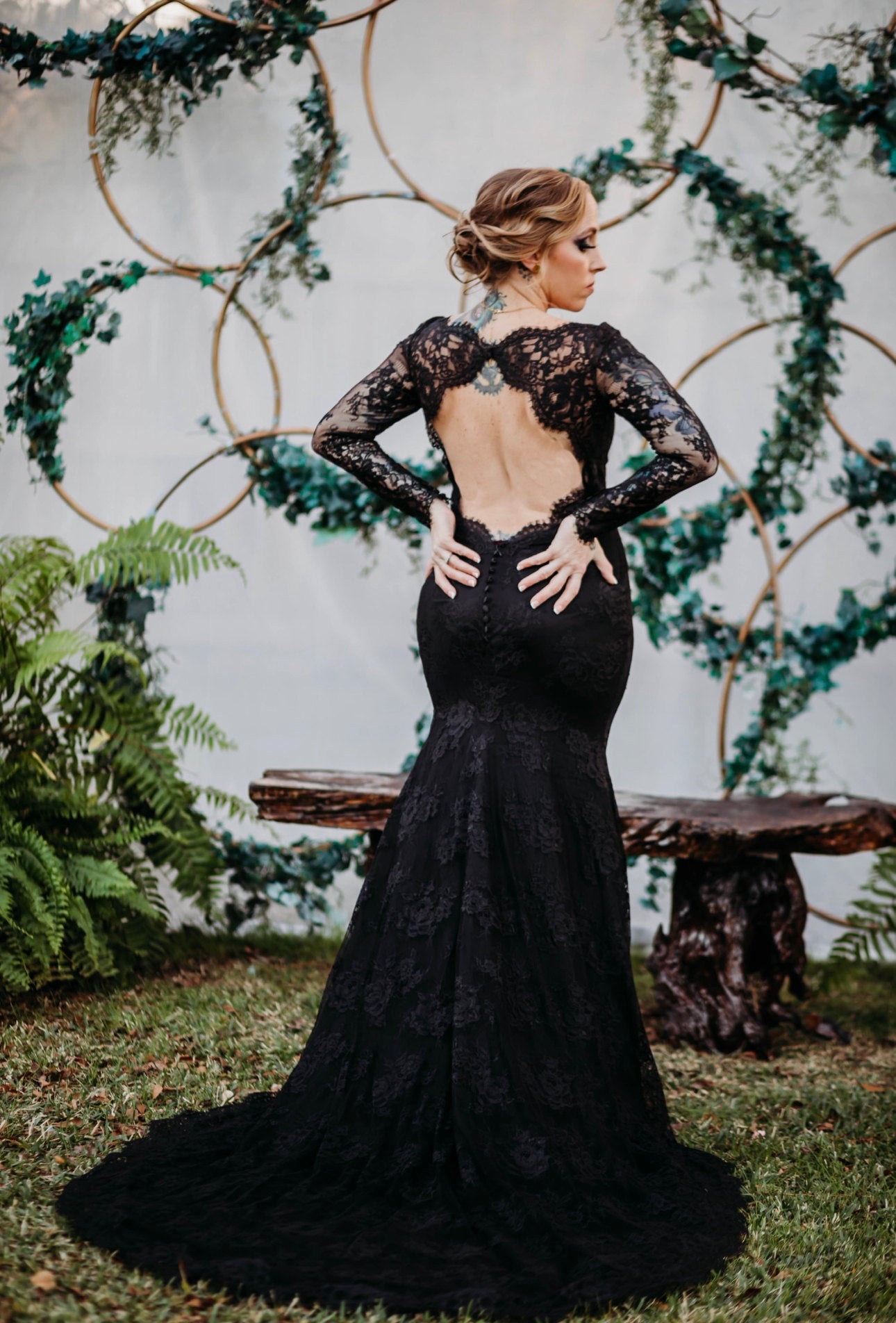 Black Lace Gown with Open Back and Long Sleeves | Gothic Wedding Dress -  Dresses Dioma