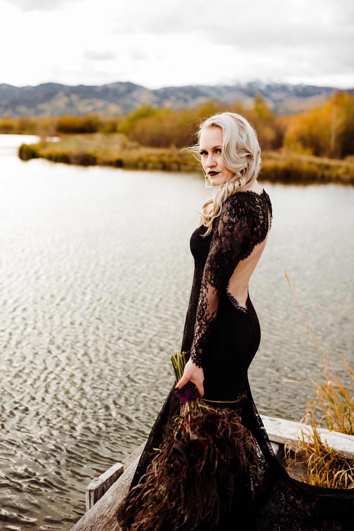 Black Lace Wedding Dress | Verona in Chantilly lace | Deep Plunging Neckline