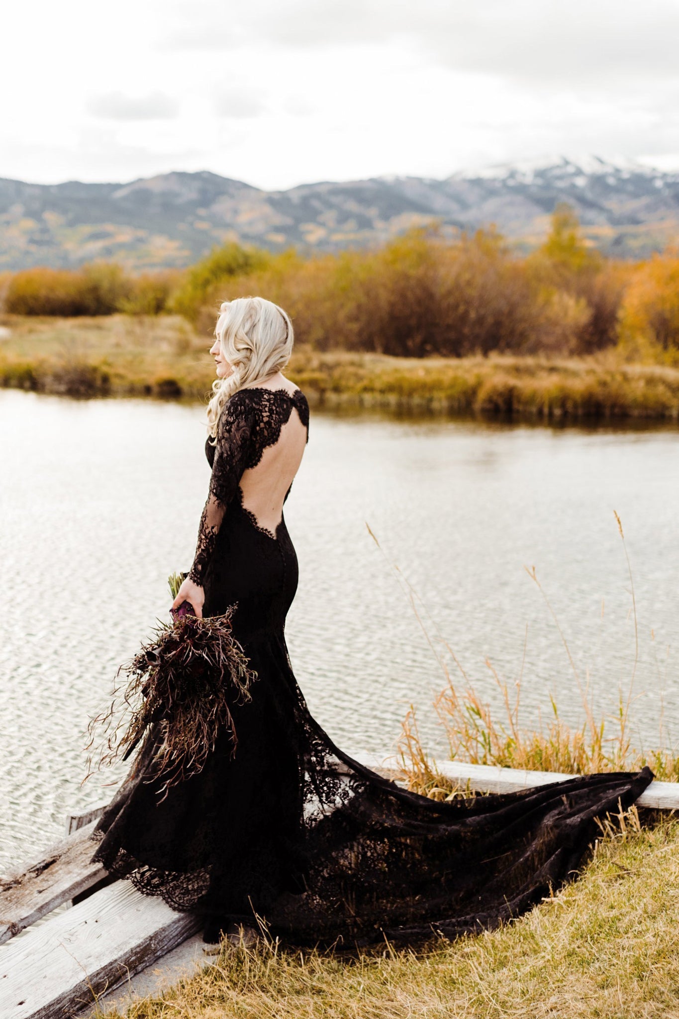 Black Lace Wedding Dress | Verona in Chantilly lace | Deep Plunging Neckline