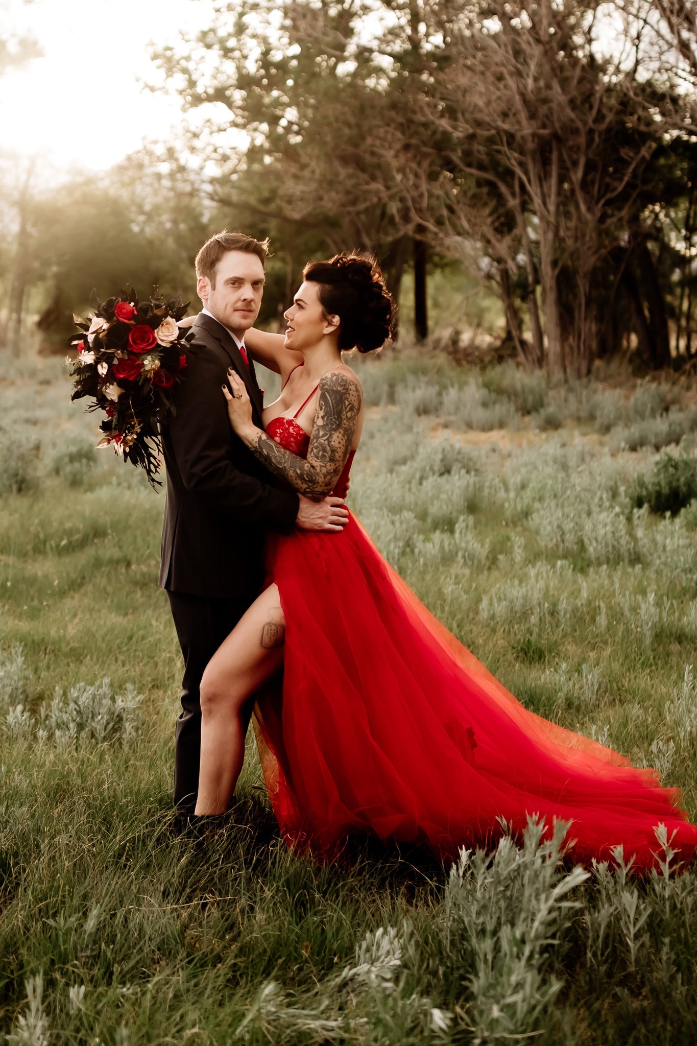 Red wedding dress which consists of two pieces - a red lace bodysuit and red A-line tulle skirt with slit. This listng is for the skirt only.